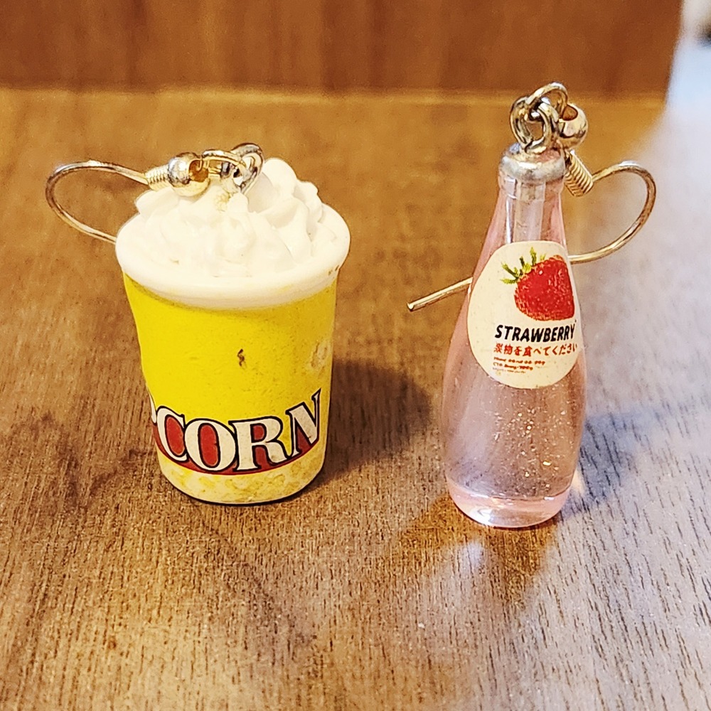 Mismatched Popcorn and Strawberry Soda Bottle Miniature Drop Earrings Funky